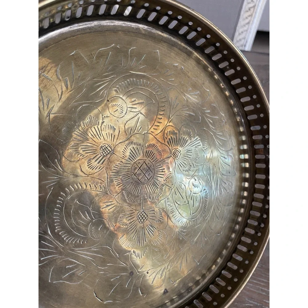 Vtg Brass Tray Etched Floral Design Reticulated Sides Boho 8.25